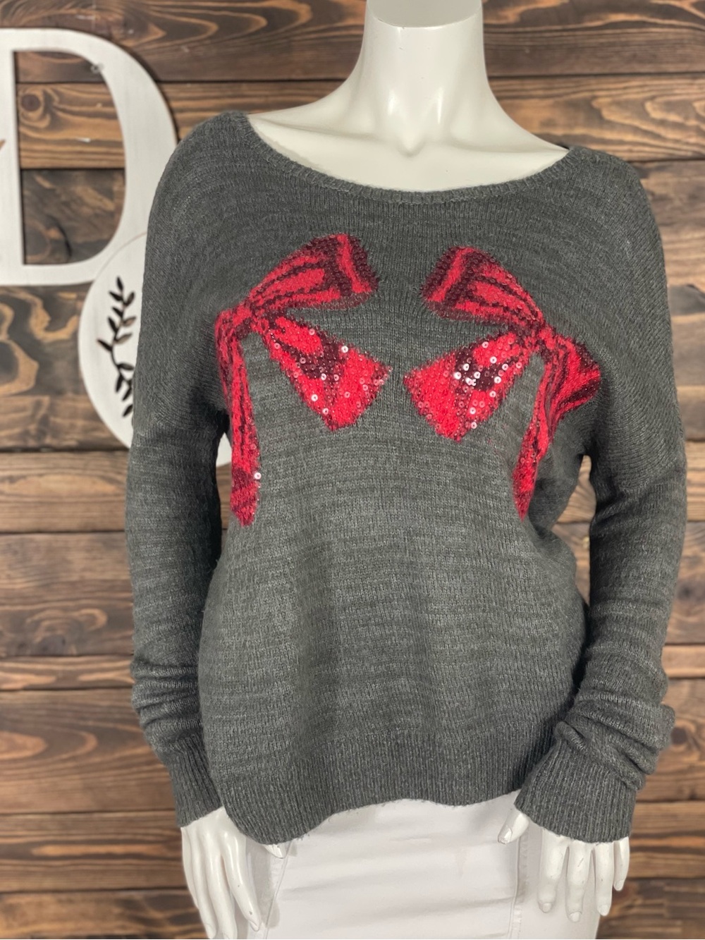 Abercrombie & Fitch | Heather Gray Sweater Red Sequin Bow‎ Accent Soft Knit Wool